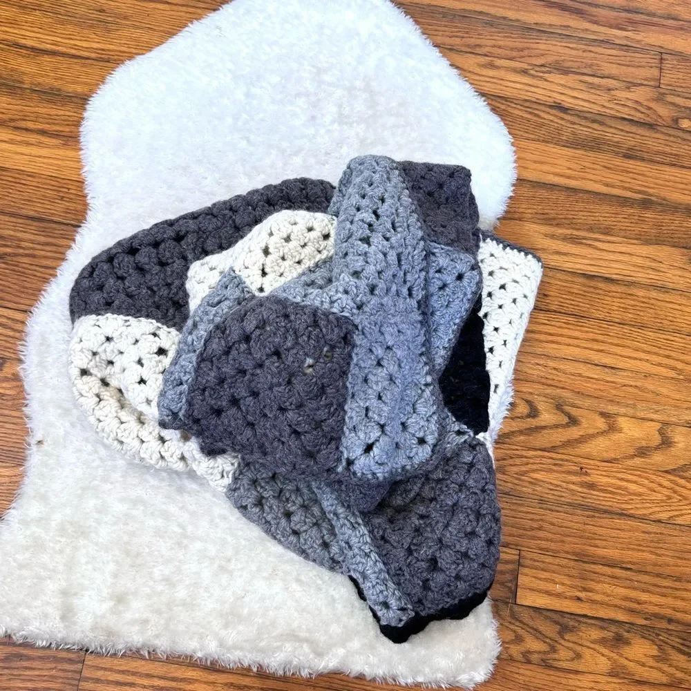 Crochet Gingham Plaid Granny Square Throw Blanket 100% Wool